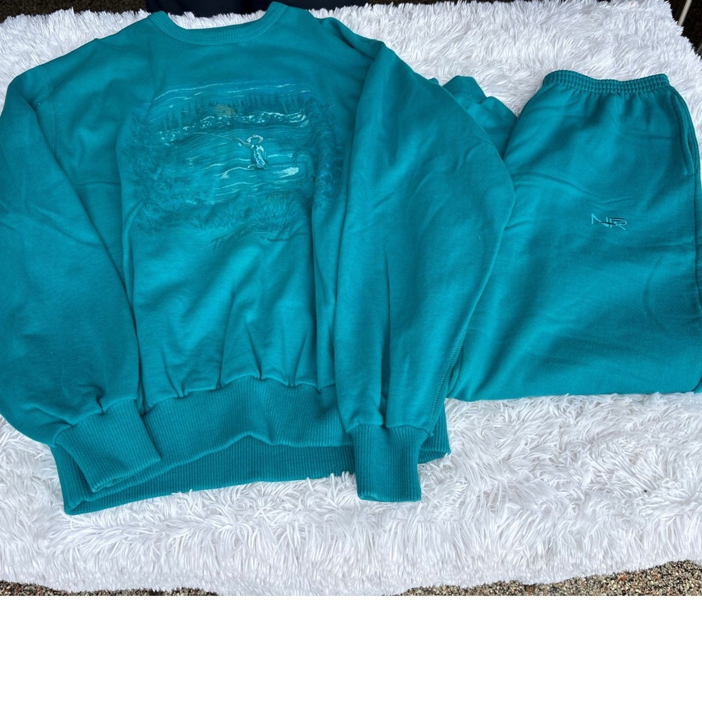 Vintage Teal Fishing Sweatsuit Set Mens Large 90s USA Made Sweatshirt